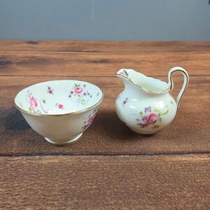 Royal Chelsea Creamer Sugar Bowl Set White Pink Purple Floral Gold TrimExcellent